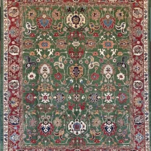 Olive green hand-knotted Chobi wool area rug 8.5' x 10.7' with an all-over symmetrical floral design and crimson red border.