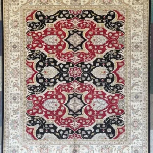 Black and red hand-knotted Chobi wool area rug 8.2' x 10.2' with a double medallion center and cream border.