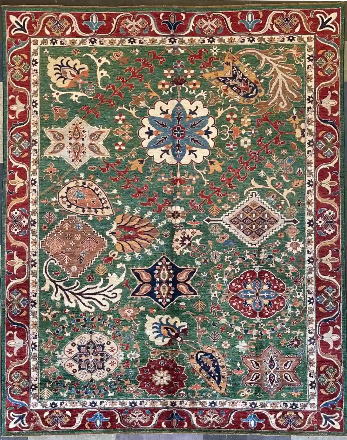 hand-knotted-chobi-wool-area-rug-8-x-10-5-emerald-green-terracotta-sku-112525-15.webp | McFarlands Carpet and Rug Service Emerald green hand-knotted Chobi wool area rug 8' x 10.5' with an eclectic layout of traditional medallions and red border.