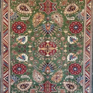 Forest green hand-knotted Peshawar Chobi wool area rug 8.4' x 10.2' featuring red star medallions, large paisleys, and a multicolored chevron border.