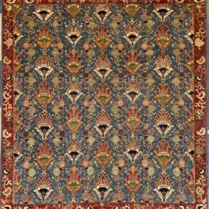 Steel blue hand-knotted Peshawar Chobi wool area rug 8.3' x 9.6' featuring an all-over Shah Abbas palmette pattern and a terracotta red border.