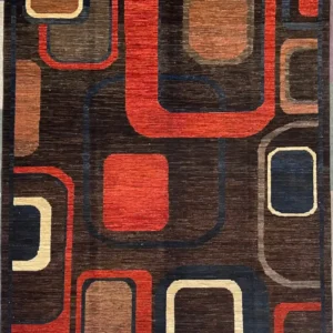 hand-knotted-modern-chobi-wool-area-rug-5-10-x-7-10-abstract-retro-cubes-sku-112525-18.webp | McFarlands Carpet and Rug Service Dark brown hand-knotted Modern Chobi wool area rug 5.10' x 7.10' featuring an abstract geometric pattern of overlapping rust-red and blue retro cubes.