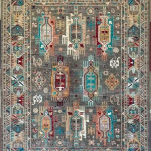 hand-knotted-chobi-wool-area-rug-5-8-x-7-10-charcoal-grey-tribal-medallions-sku-112525-19.webp | McFarlands Carpet and Rug Service Charcoal grey hand-knotted Chobi wool area rug 5.8' x 7.10' featuring eight prominent geometric tribal medallions in turquoise, terracotta, and burgundy.