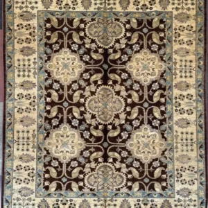 hand-knotted-chobi-wool-area-rug-5-3-x-6-9-chocolate-brown.webp | McFarlands Carpet and Rug Service Dark chocolate brown hand-knotted Chobi wool area rug 5.3' x 6.9' displaying large cream floral medallions and an elaborate cream border.