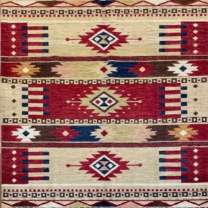 navajo-design-chobi-wool-rug-5x7.webp | McFarlands Carpet and Rug Service Terracotta red and cream hand-knotted Navajo design Chobi wool area rug 5.2' x 6.11' featuring large stepped geometric diamond medallions.