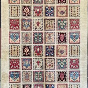 garden-panel-chobi-wool-rug-6x9.webp | McFarlands Carpet and Rug Service Decorative quilt panel with a grid of 7 by 8 colorful embroidered squares on a light background.
