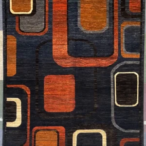 mid-century-modern-geometric-rug-6x9.webp | McFarlands Carpet and Rug Service Terracotta, orange, and charcoal geometric frame hand-knotted wool area rug 5.8' x 8' featuring an asymmetrical Mid-Century Modern squircle pattern.