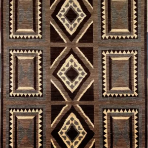 Modern geometric Peshawar hand-knotted wool area rug 6.2' x 8.4' featuring an espresso brown and cream saw-tooth panel layout.