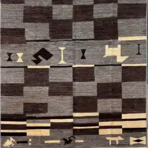 Modern Peshawar hand-knotted wool area rug 6.1' x 8.8' showcasing a slate gray and charcoal block grid with abstract pictographs.