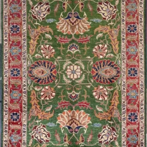 Hand-knotted Chobi wool area rug 6.2' x 8.10' with a forest green field, floral palmettes, and a crimson red border.