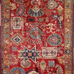 Hand-knotted Chobi wool area rug 6.2' x 9.1' with crimson red field, eclectic sampler motifs, and a tan floral border.