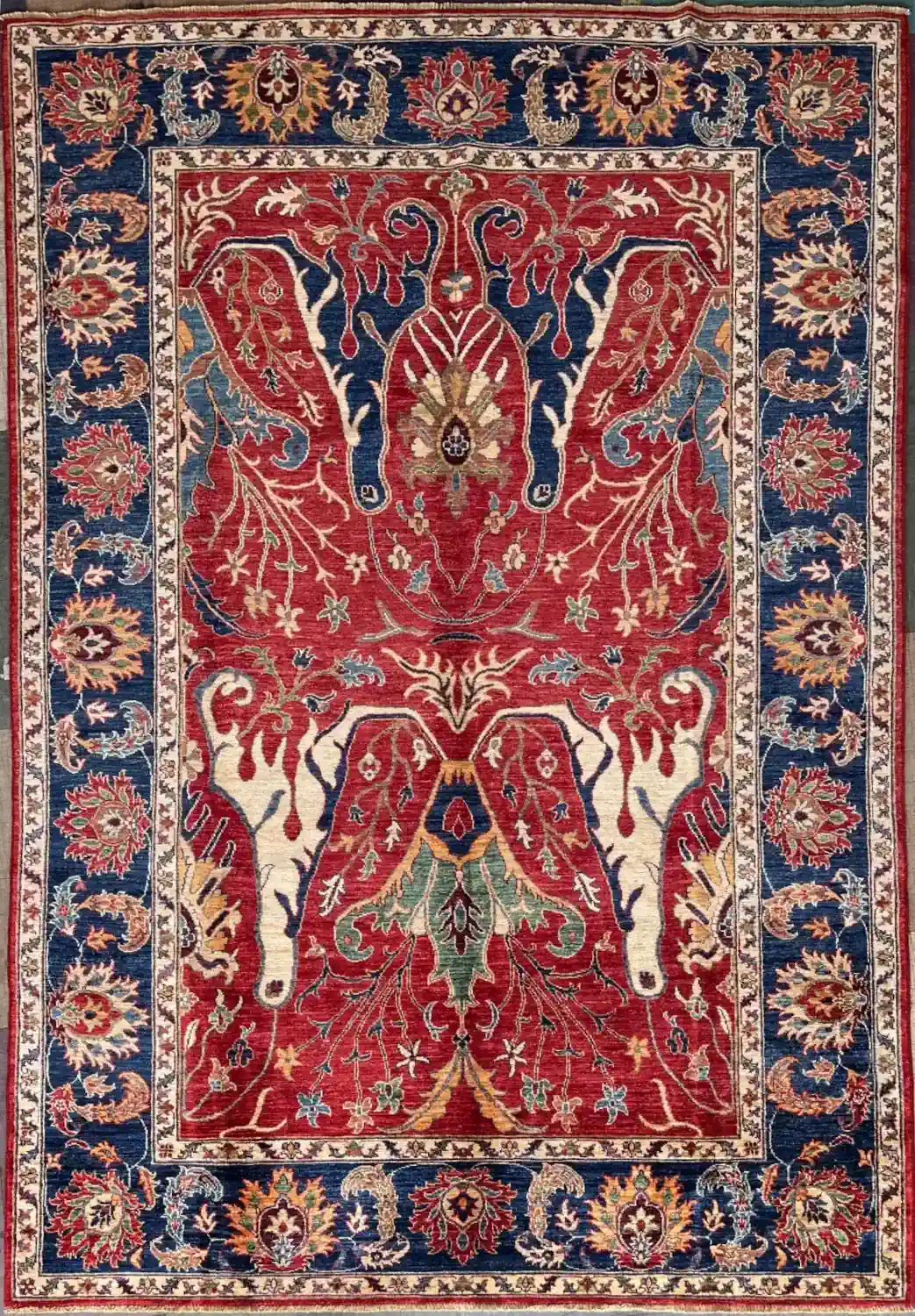 Hand-Knotted Crimson & Cobalt Tree of Life Chobi Wool Area Rug 6.2 x 8.8 Feet