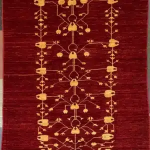 modern-red-turkmen-tribal-wool-rug-5x7.webp | McFarlands Carpet and Rug Service Modern red Turkmen hand-knotted wool area rug 5.5' x 7.10' featuring a minimalist gold geometric tree of life motif.