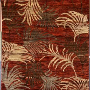 modern-red-turkmen-botanical-wool-rug-5x7.webp | McFarlands Carpet and Rug Service Modern red Turkmen hand-knotted wool area rug 6' x 7.3' featuring a contemporary all-over cream and charcoal palm frond botanical pattern.