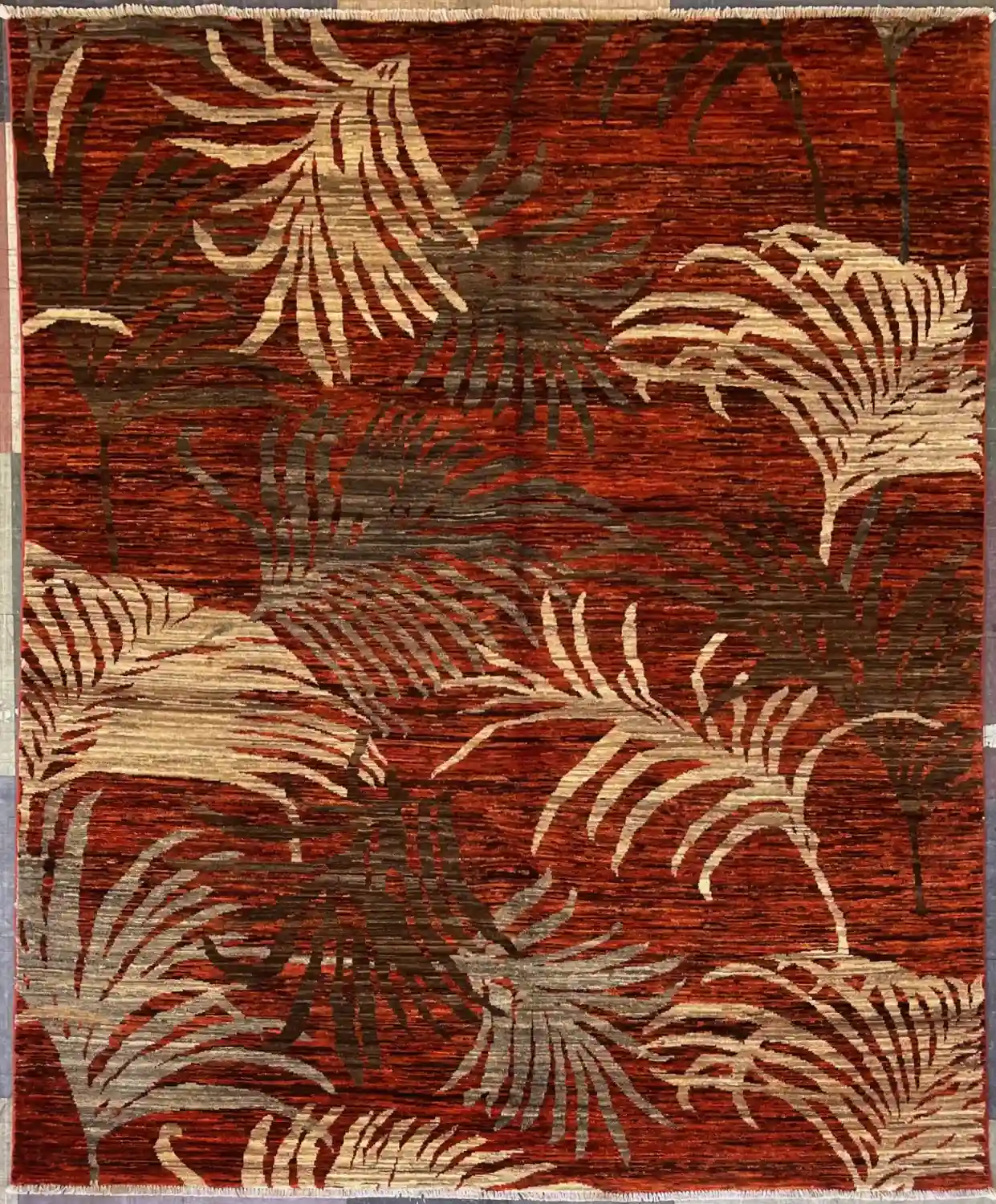 modern-red-turkmen-botanical-wool-rug-5x7.webp | McFarlands Carpet and Rug Service Modern red Turkmen hand-knotted wool area rug 6' x 7.3' featuring a contemporary all-over cream and charcoal palm frond botanical pattern.