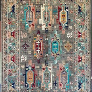 traditional-grey-chobi-peshawar-medallion-rug-5x7.webp | McFarlands Carpet and Rug Service Traditional grey Chobi Peshawar hand-knotted wool area rug 5.6' x 8.2' featuring colorful geometric cartouche medallions and a detailed border.