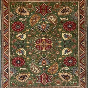 Green Hand-Knotted Chobi Wool Area Rug 8.4' x 10.3' with red floral medallions and a geometric chevron border.