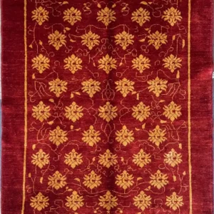 modern-red-turkmen-floral-wool-rug-4x6.webp | McFarlands Carpet and Rug Service Modern red Turkmen hand-knotted wool area rug 4.4' x 5.9' featuring a contemporary all-over gold floral rosette pattern and thin gold line border frame.