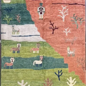 Modern hand-knotted pictorial wool area rug 4.10' x 6.2' featuring an asymmetrical desert landscape layout in terracotta orange and blocky tiers of green and teal.