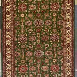 Traditional green Kazak hand-knotted wool runner rug 6' x 16' featuring a vertical geometric medallion layout and a wide ivory border frame.