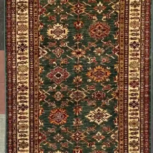 Traditional green Kazak hand-knotted wool runner rug 4.2' x 16.2' featuring an alternating geometric medallion vertical layout and a wide cream border frame.