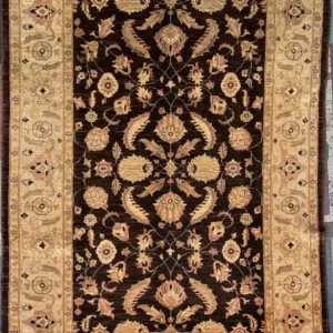 Hand-knotted Chobi Peshawar wool area rug 6.8' x 9.2' with dark espresso brown field, cream palmettes, and an ivory border.
