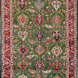 Hand-knotted Chobi Peshawar wool area rug 5.2' x 9.0' with sage moss green field, all-over medallion pattern, and crimson red border.