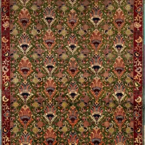 Hand-knotted Chobi Peshawar wool area rug 7.0' x 9.10' with forest green field, repeating botanical flame motifs, and a crimson red border.