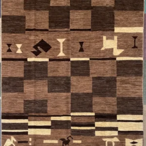Brown and tan checkerboard rug with a horizontal band of abstract glyphs across the middle and a small horse figure near the bottom center.