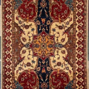 Oriental rug with a central navy medallion, cream field, and scrolling floral motifs; red and gold border.