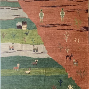 Afghan Modern Hand-Knotted Wool Rug 9x12 | McFarlands Carpet and Rug Service Afghan modern hand-knotted wool rug 9x12 with abstract landscape design featuring figures animals and earthy tones