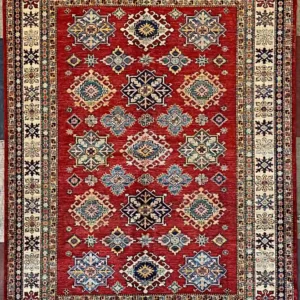 Traditional crimson Kazak hand-knotted wool area rug 5.9' x 7.8' featuring a central row of navy star shields and a wide cream tribal border frame.