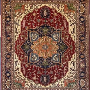 Red Hand-Knotted Chobi Wool Area Rug 8.2' x 10.4' with a navy starburst central medallion and a dark navy border.