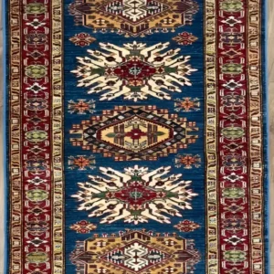 Con-12525-24.webp | McFarlands Carpet and Rug Service Hand-knotted Pakistan Kazak wool runner rug 2.9' x 8.5' featuring an indigo blue field with six geometric medallions in ruby red, gold, and ivory framed by a red tribal border.