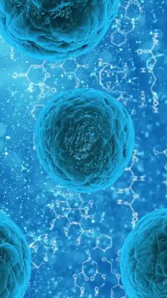 Blue-stained cells floating in a background of molecular diagrams and chemical structures. | McFarlands Carpet and Rug Service Blue-stained cells floating in a background of molecular diagrams and chemical structures.