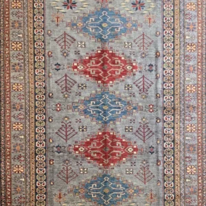 Pakistan Kazak hand-knotted wool rug 8x14 with geometric medallions in red blue and gray field