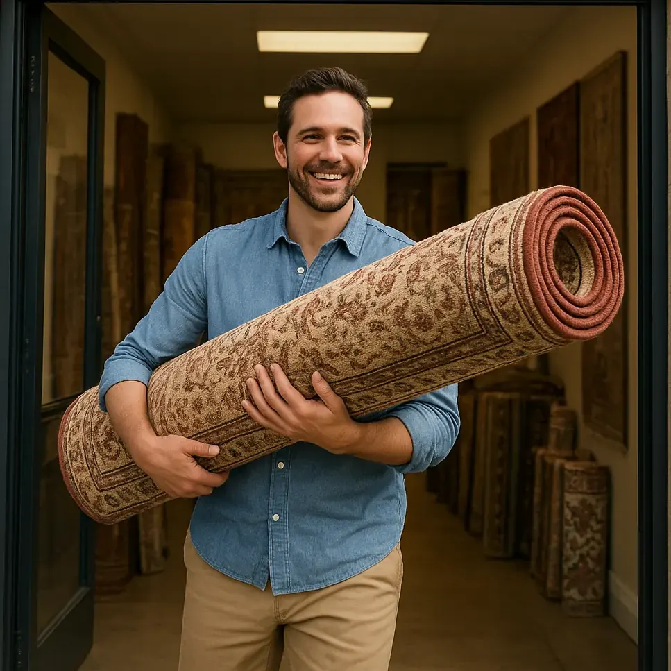 Customer picking up finished rugs. | McFarlands Carpet and Rug Service Customer picking up finished rugs.