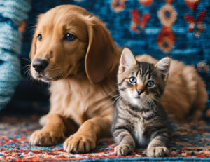Rug pet stain & odor removal. Image of puppy and kitten on a rug.