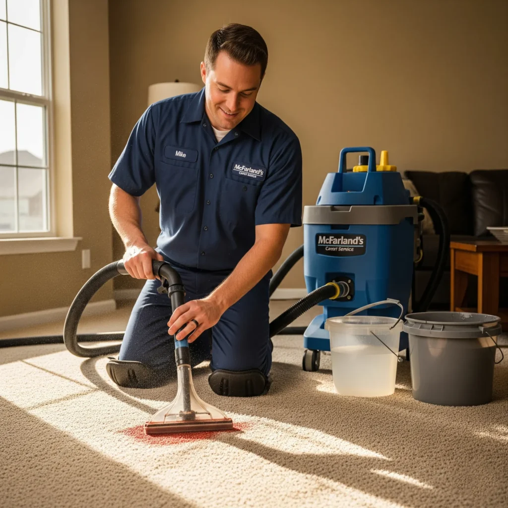 Technician Cleaning Carpet | McFarlands Carpet and Rug Service Technician Cleaning Carpet