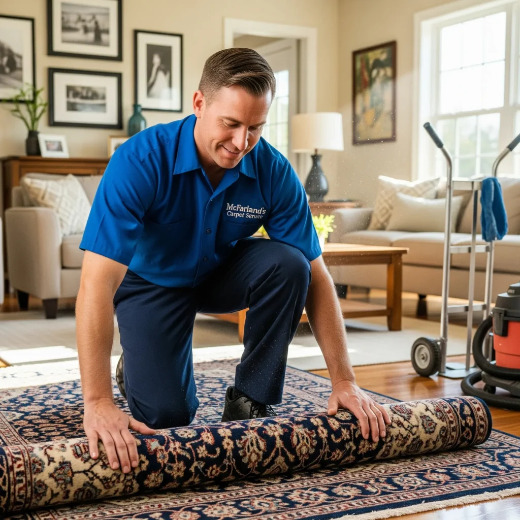 Rug Technician Laying Out Rug | McFarlands Carpet and Rug Service Rug Technician Laying Out Rug